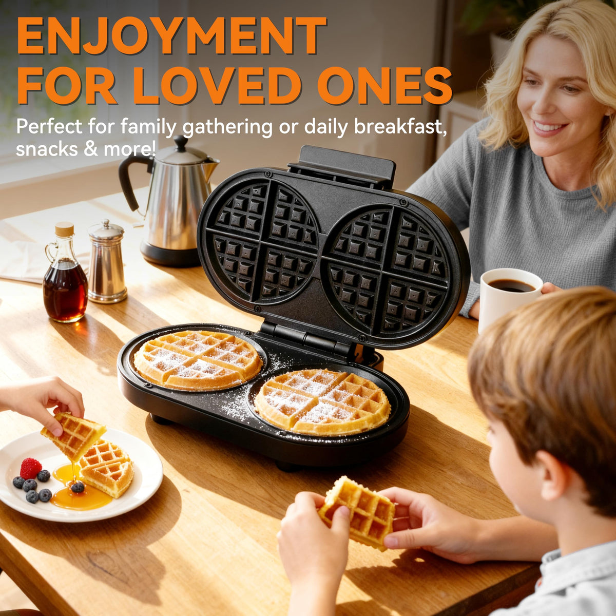 Baker's Friend two waffles ready in a single 1200W session.