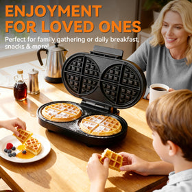Baker's Friend two waffles ready in a single 1200W session.