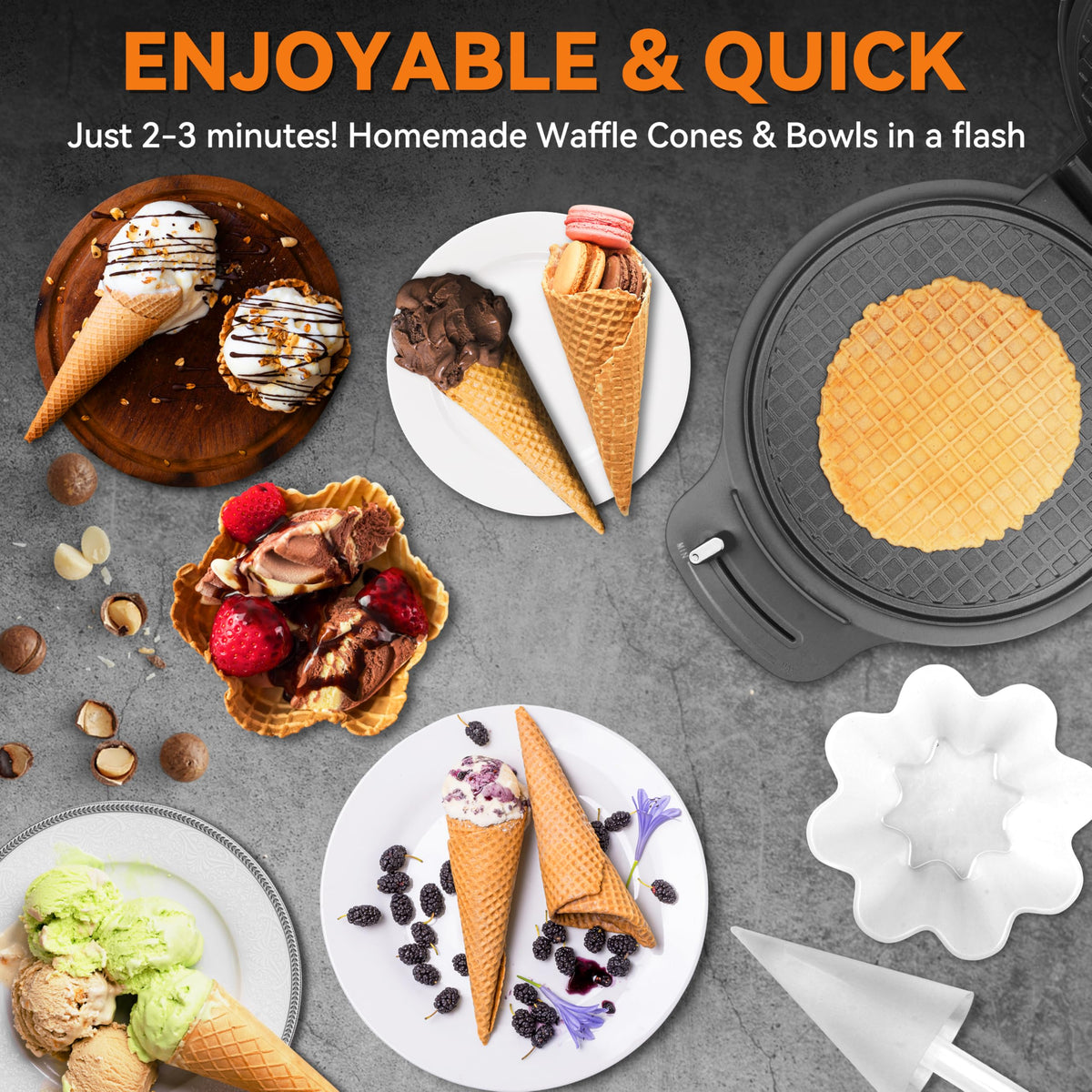 Baker's Friend waffle bowl attachment ready for serving bowls