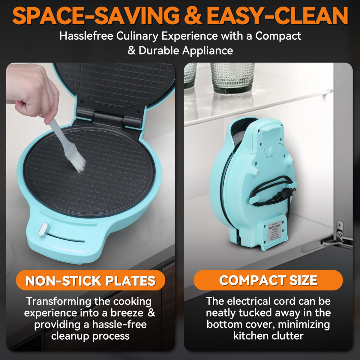 Nonstick surfaces shown during cooking for easy release and cleanup