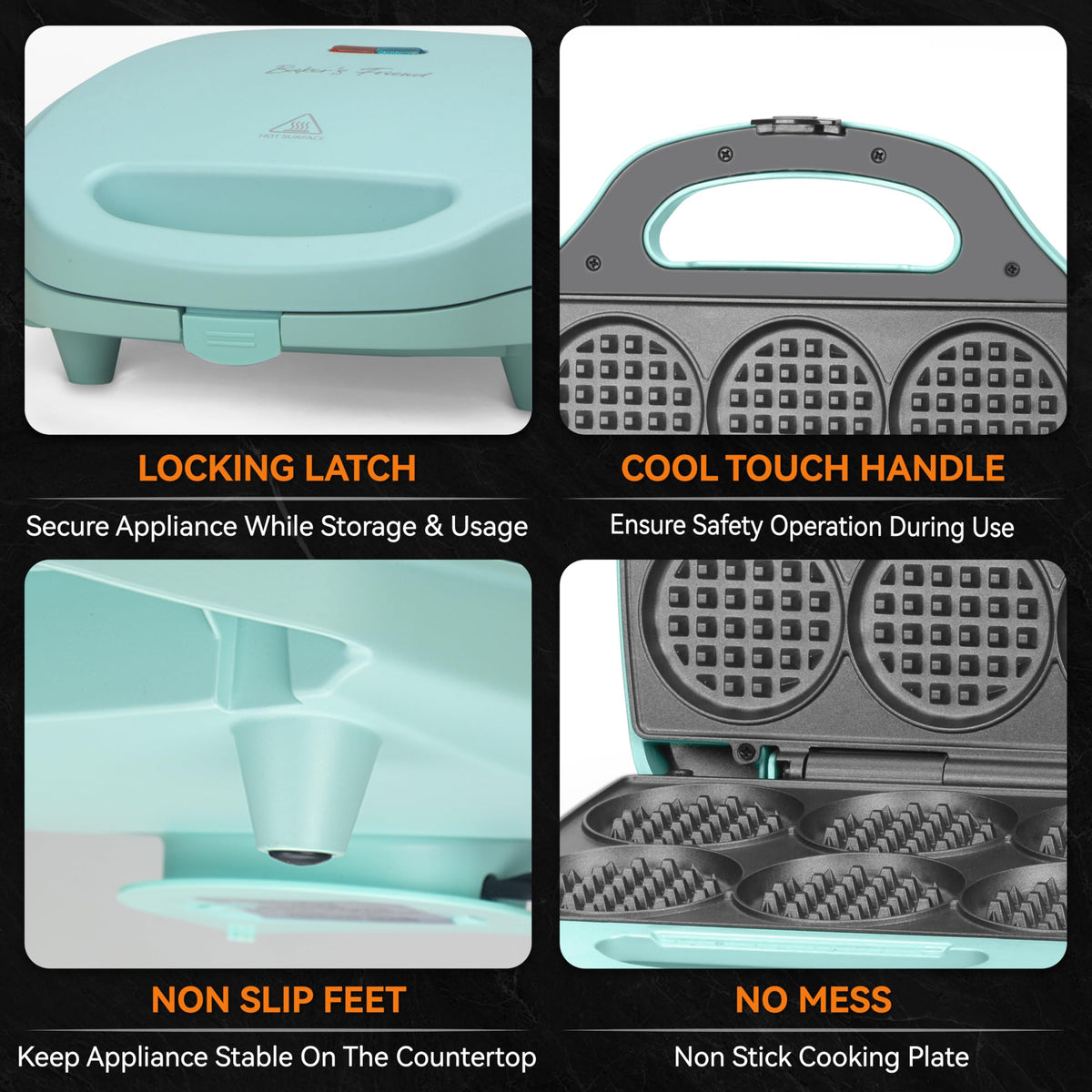 Baker's Friend waffle iron has anti-slip feet for stable use.