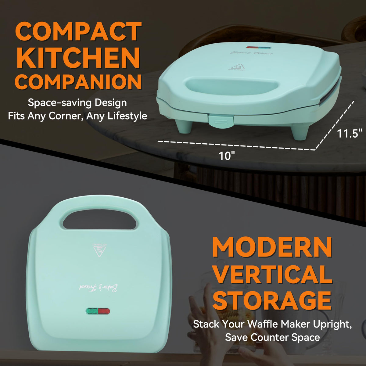 Baker's Friend waffle iron delivers even cooking for consistent browning.