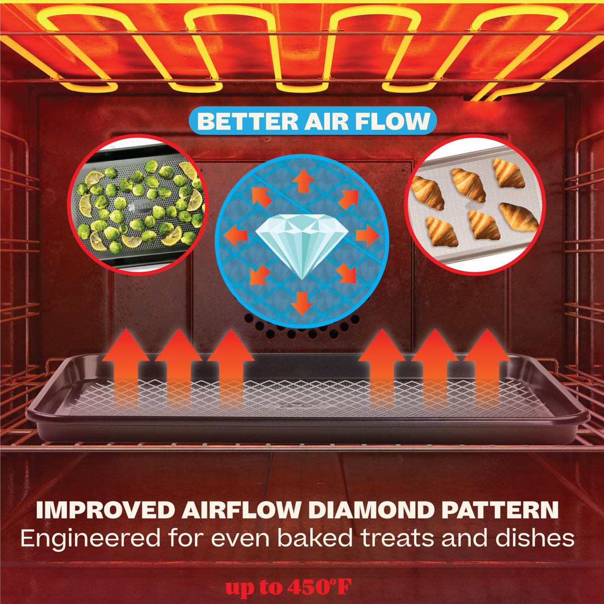 Baker's Secret diamond-pattern base improves air flow for even browning