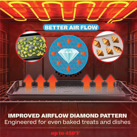 Baker's Secret diamond-pattern base improves air flow for even browning