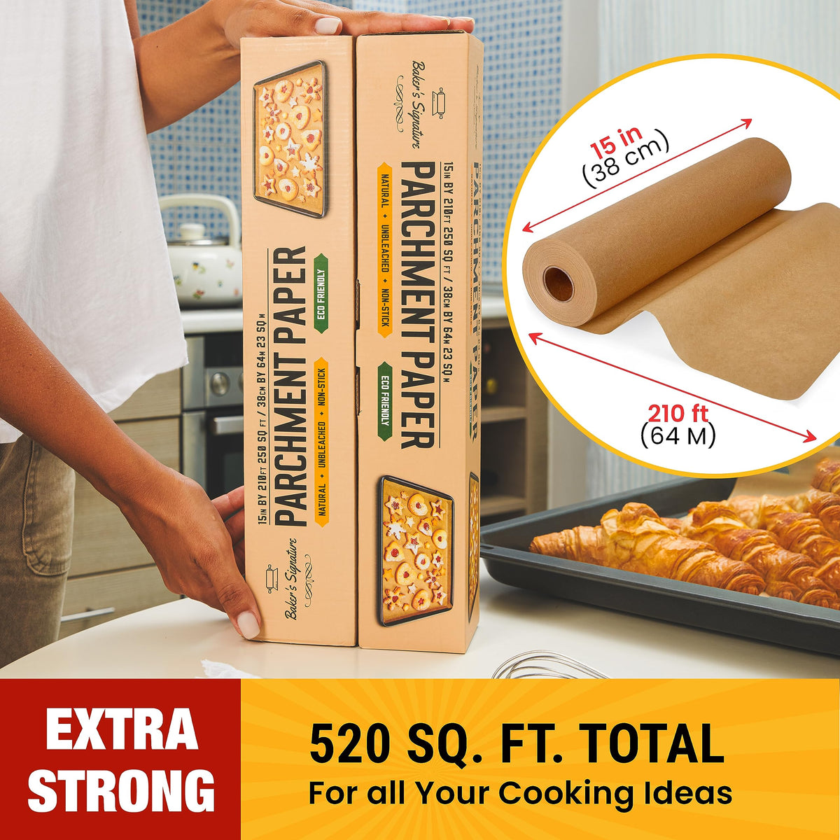 Two rolls of Baker's Signature parchment for multi-batch baking and roasting.