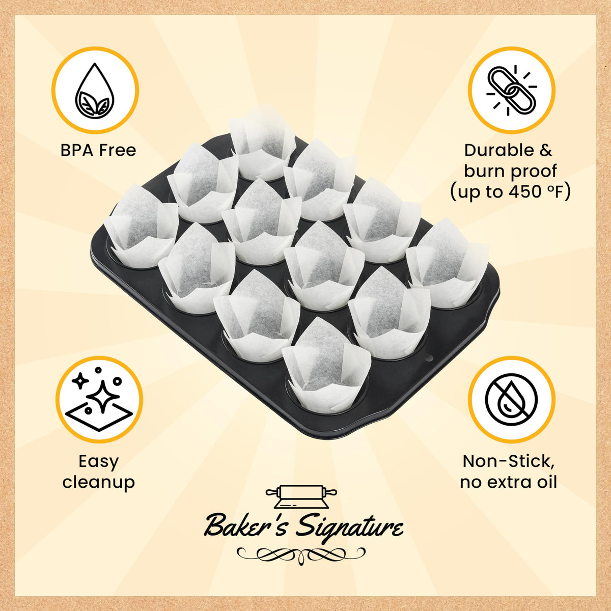 Baker's Signature 200-pack tulip liners close-up emphasizes reliable shape for uniform rise.