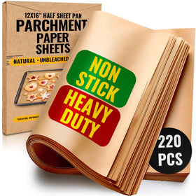 Baker's Signature 220pcs parchment sheets in a box for easy precut baking.