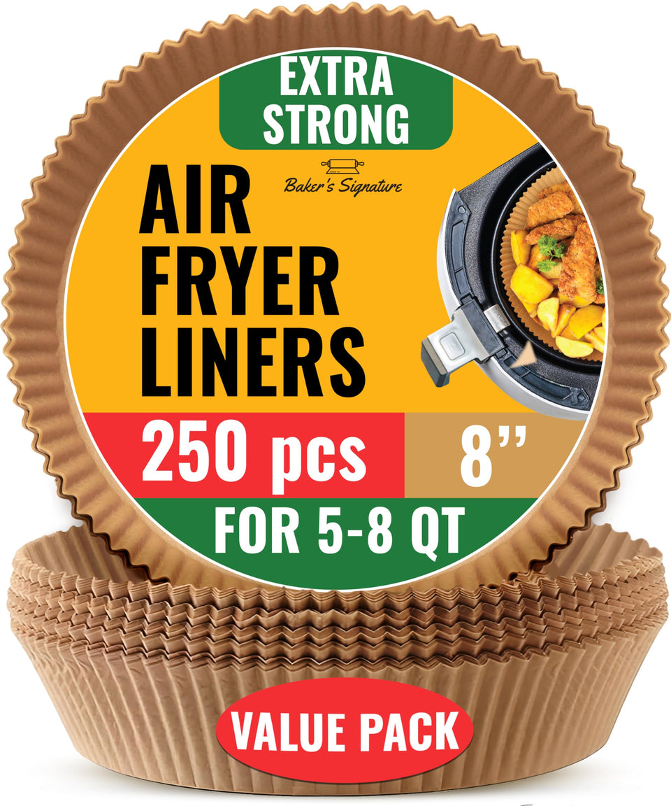 Baker's Signature 8-inch unbleached parchment liners for round air fryer baskets with easy release.
