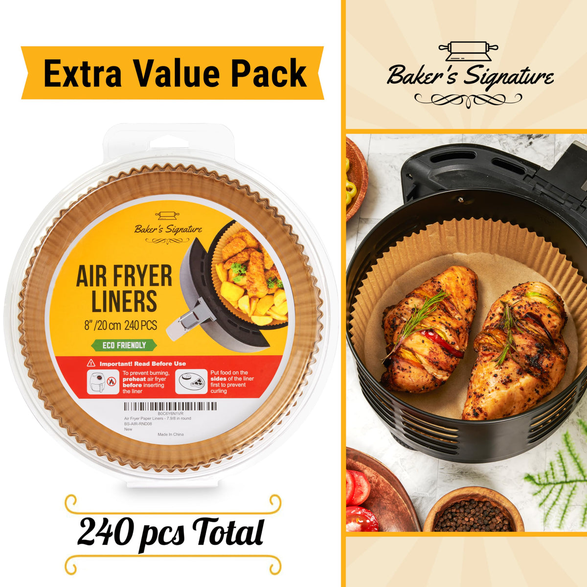 Baker's Signature brown parchment liners provide natural, unbleached cooking surface.