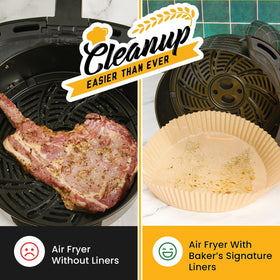 Baker's Signature disposable liners in compact packaging for organized, mess-free cooking prep.