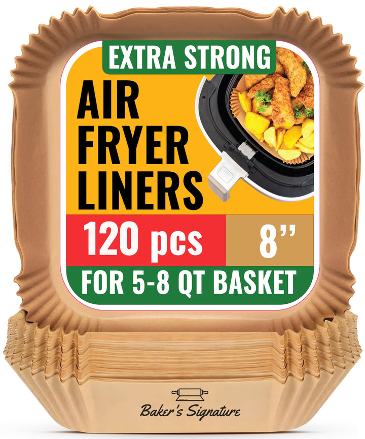Baker's Signature air fryer liners – 120-piece pack shot, unbleached and non-stick for mess-free cooking.