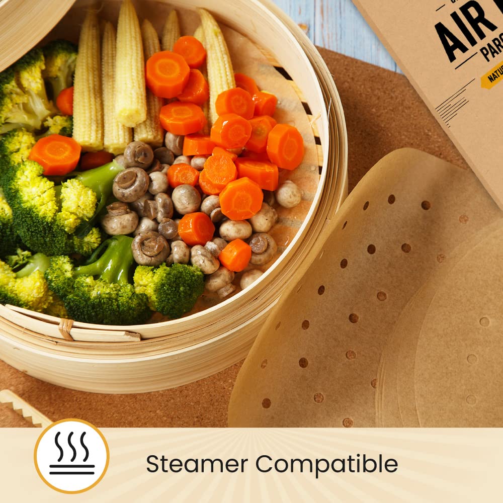 Baker's Signature air-fryer round liners provide non-stick cooking for vegetables and fish.