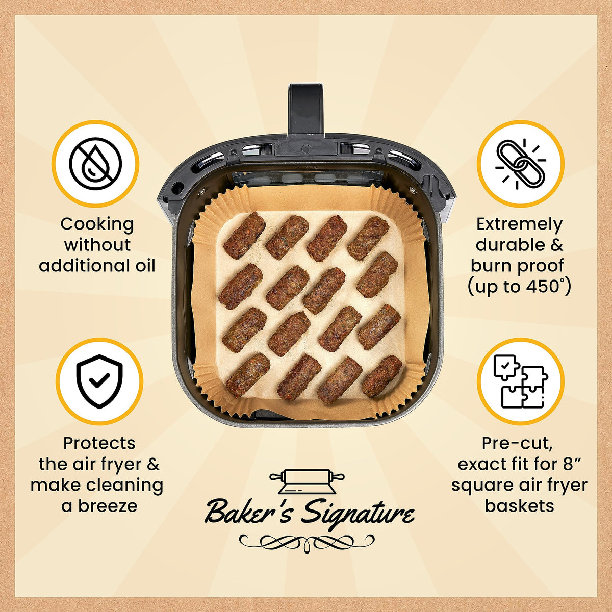 Baker's Signature brown parchment liners provide non-stick surface during air frying.