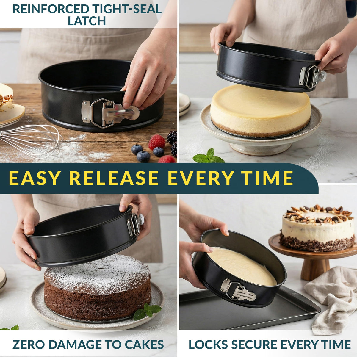 Baker's Signature cheesecake pan nonstick coating ensures clean release and slices.