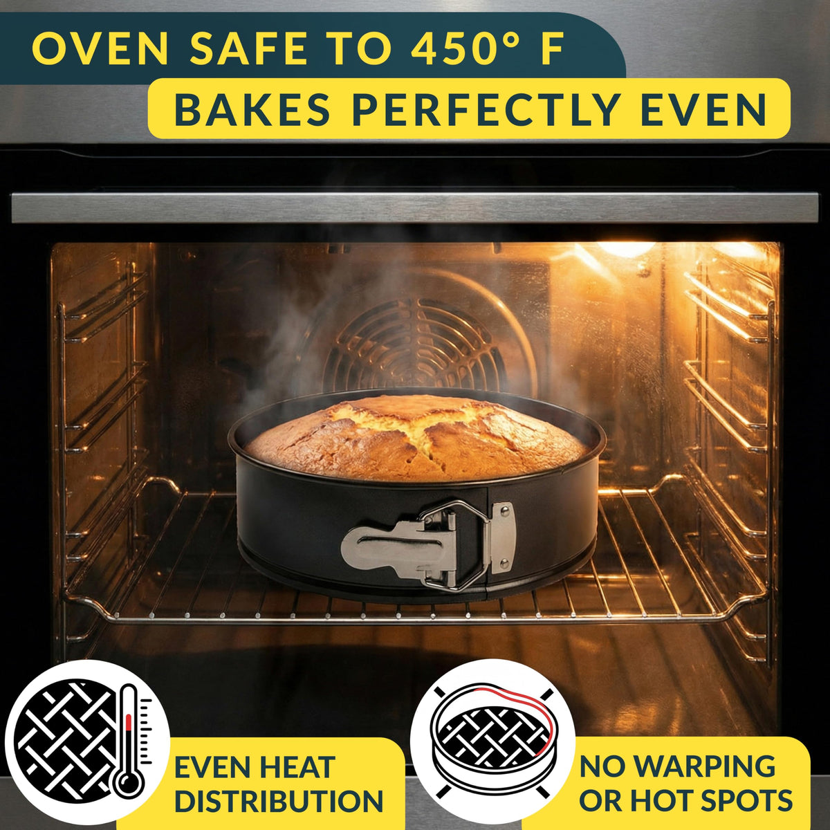 Secure latch on Baker's Signature pan guards against leaks and spills.