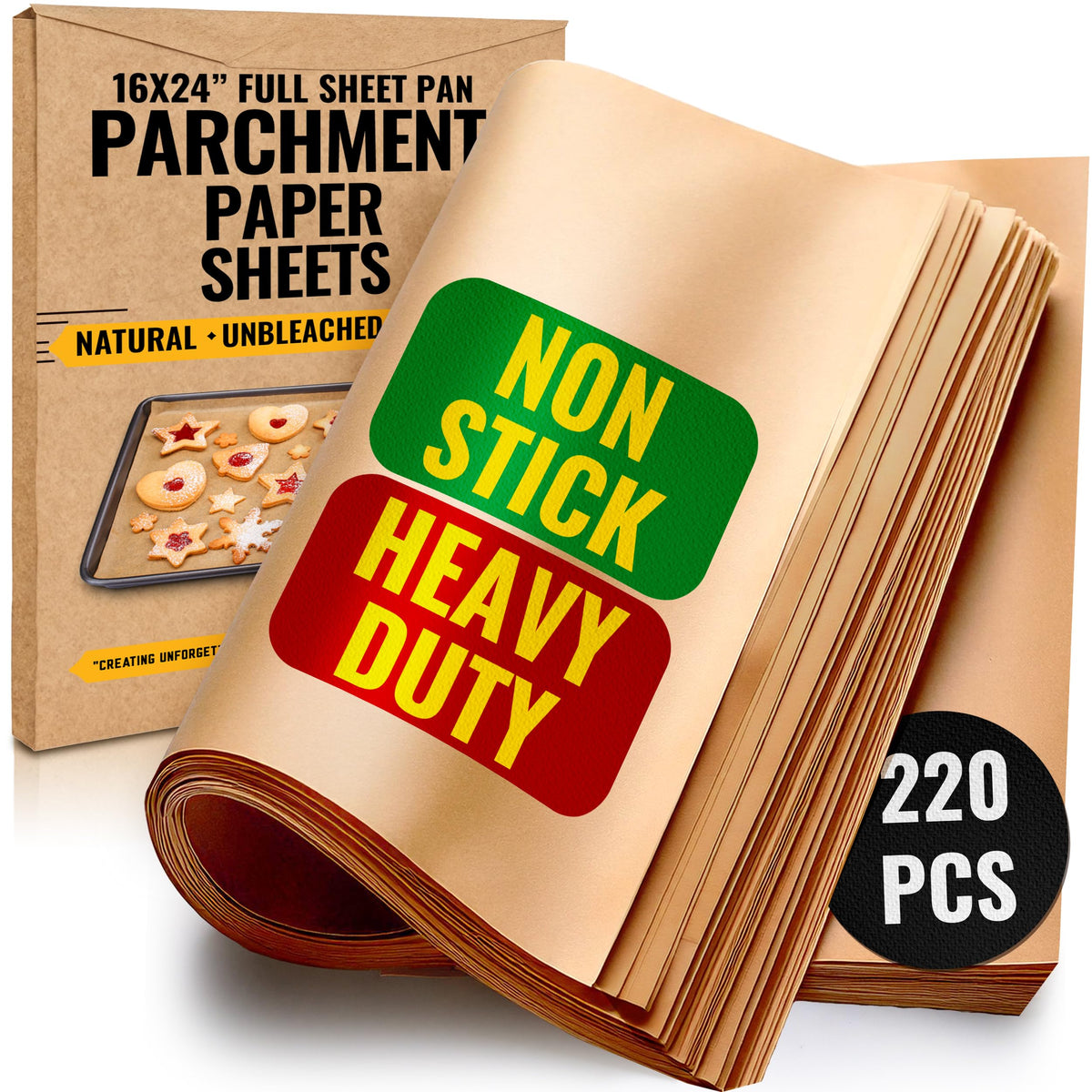 Baker's Signature full-sheet parchment 16x24 precuts for easy, mess-free baking.