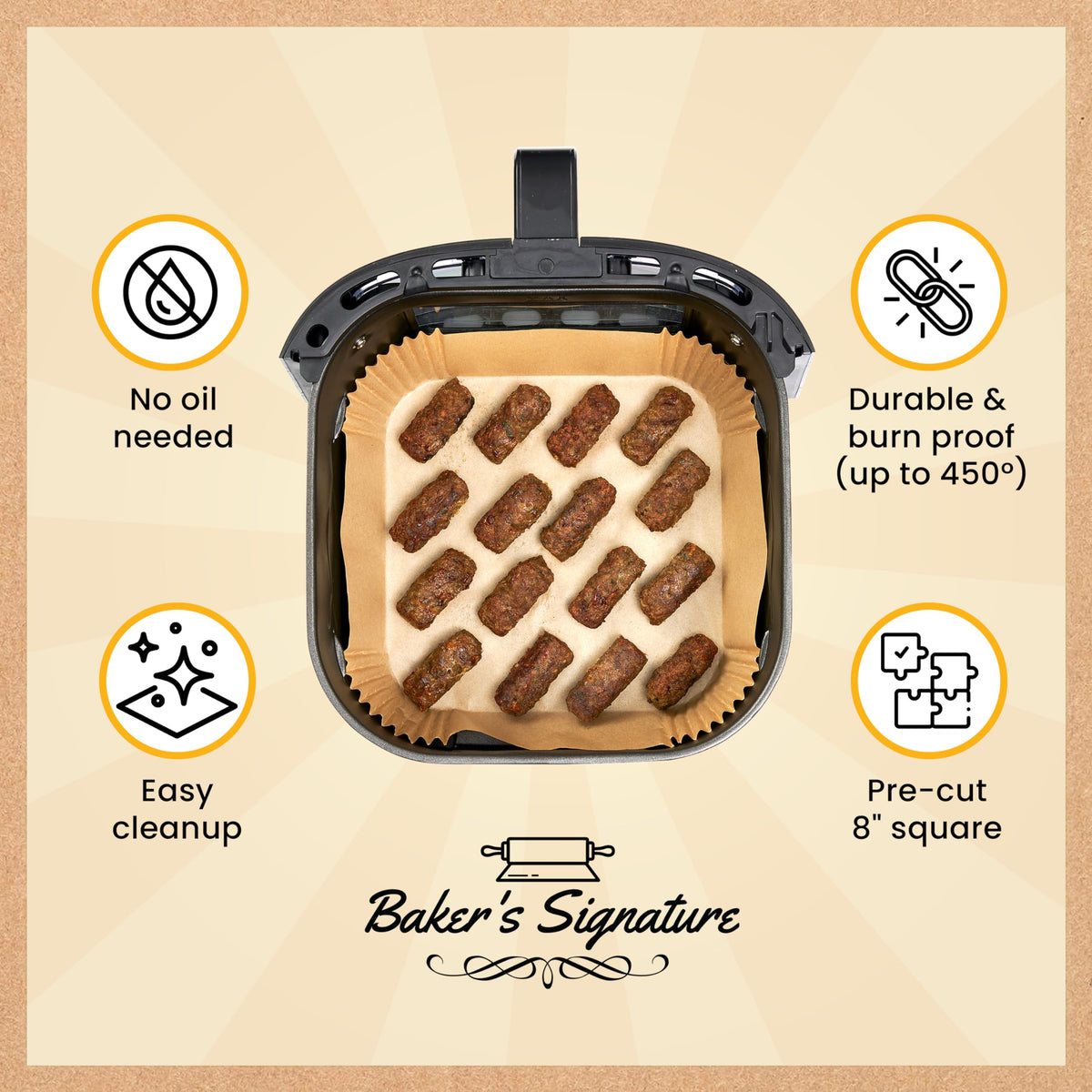 Baker's Signature greaseproof liner withstands heat for versatile oven and air fryer use