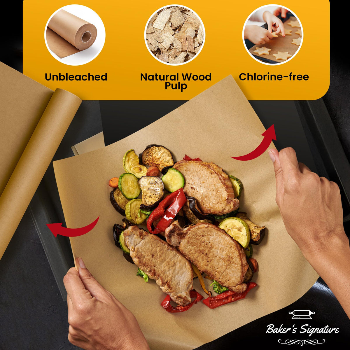 Baker's Signature heavy-duty parchment in warm brown for sturdy pan lining.