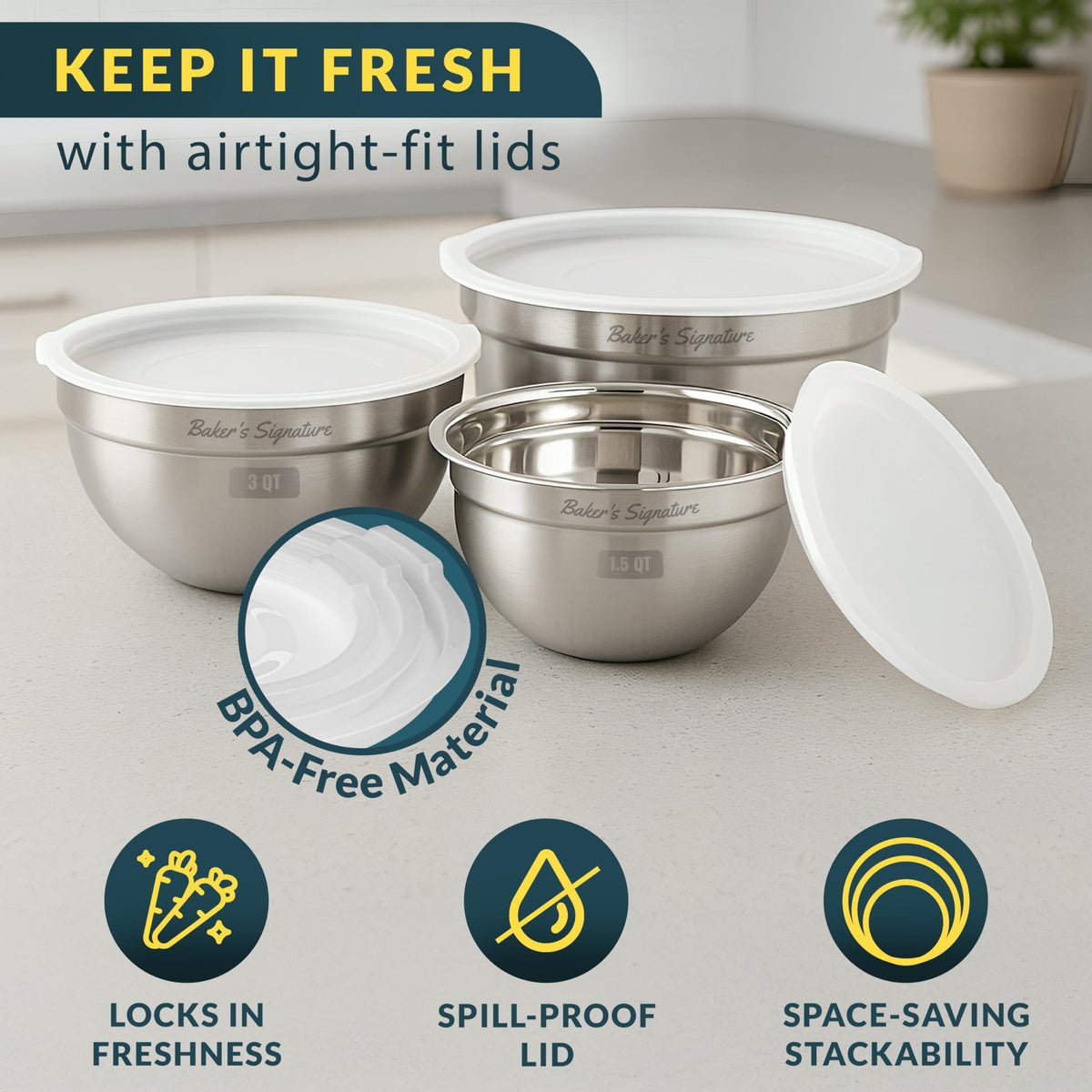 Baker's Signature nesting design helps save space when storing the bowls.