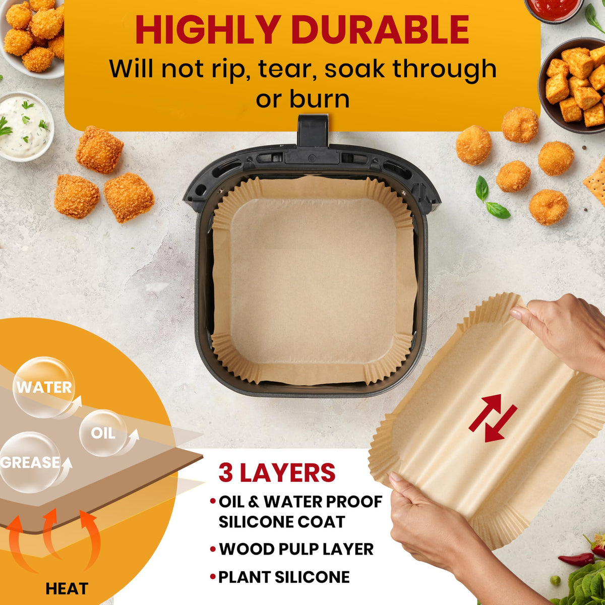 Baker's Signature liners in Ninja AF100 AF101 AF150 AF161 basket, simplify cooking.