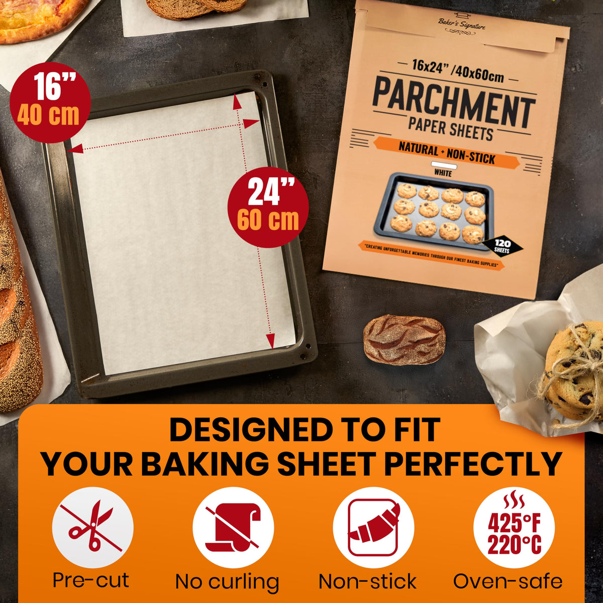 Baker's Signature parchment withstands up to 450°F for high-heat recipes
