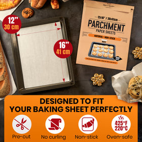 Baker's Signature nonstick parchment sheet on a baking tray for effortless release.
