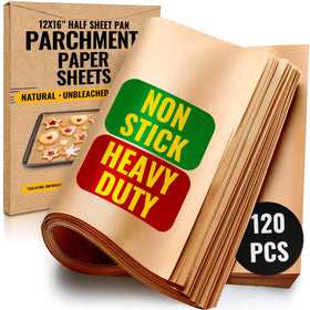 Baker's Signature parchment packaging box with 12x16 sheets for mess-free baking.