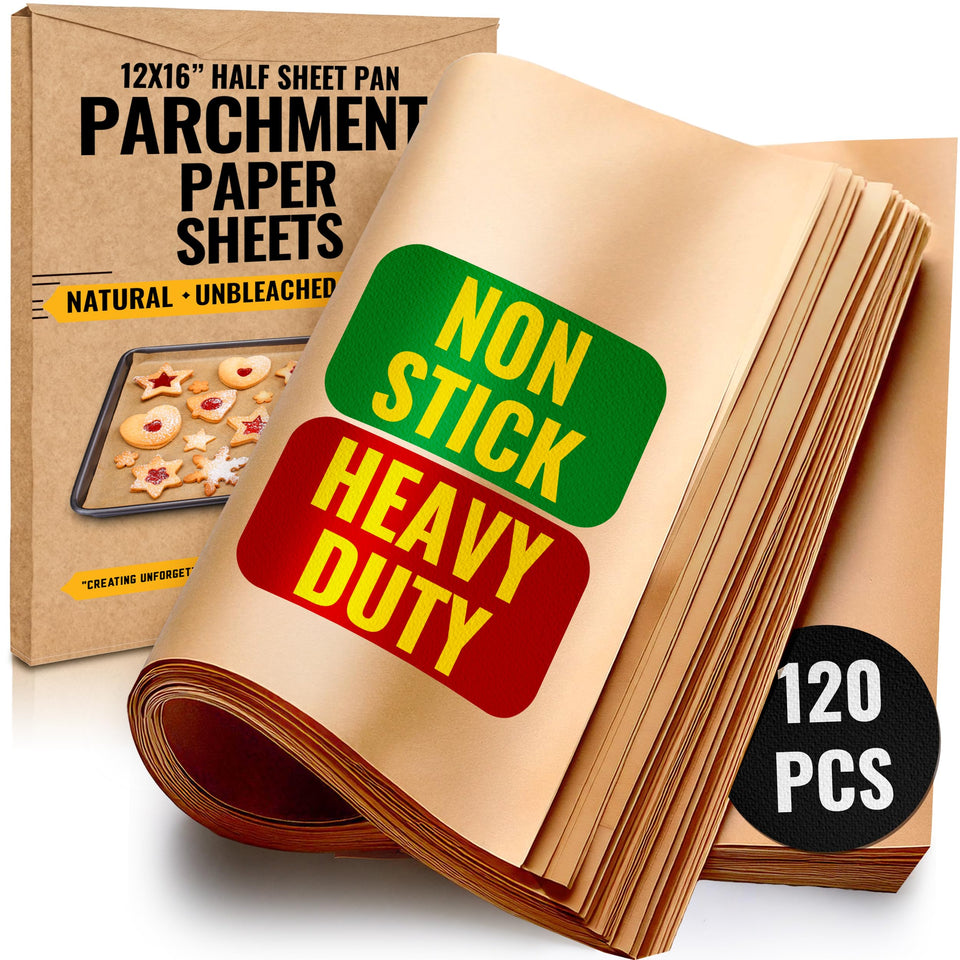 Baker's Signature parchment packaging box with 12x16 sheets for mess-free baking.