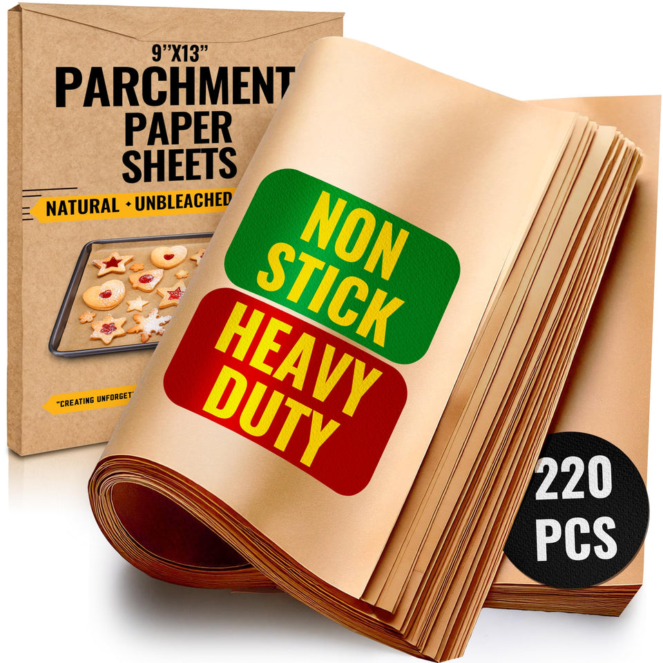 Baker's Signature parchment sheets 9x13 lay flat for even baking and easy cleanup.