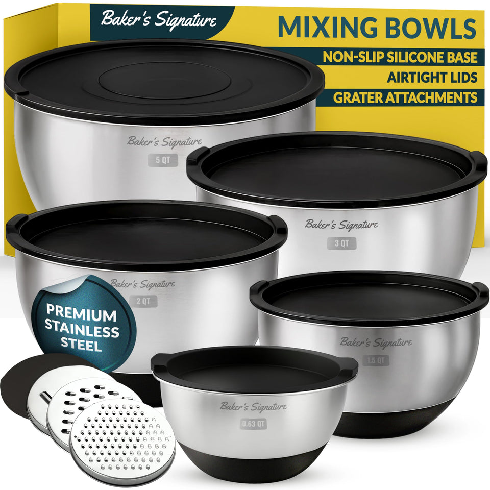 Baker's Signature stainless steel bowls set in five sizes for versatile kitchen prep.
