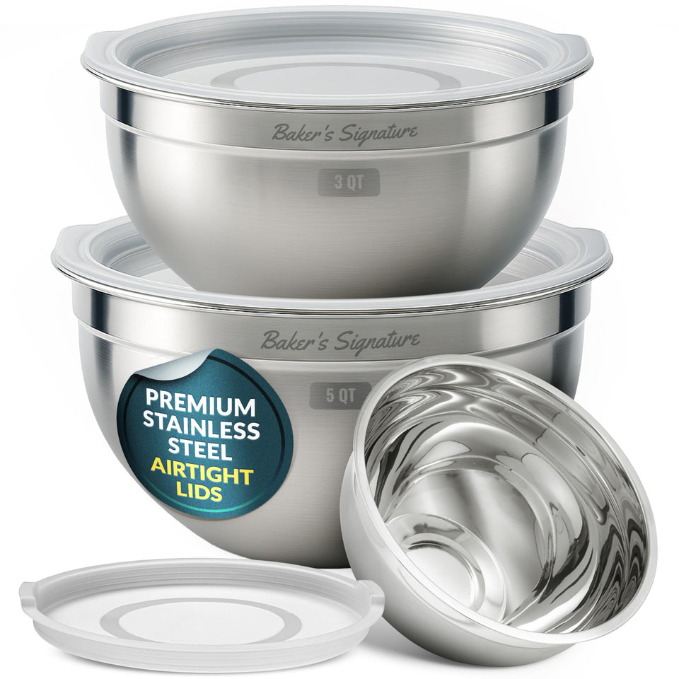 Baker's Signature stainless steel mixing bowls with lids in 1.5 qt for versatile prep.