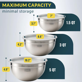 Baker's Signature 3 qt stainless steel mixing bowls with lid for meal prep.
