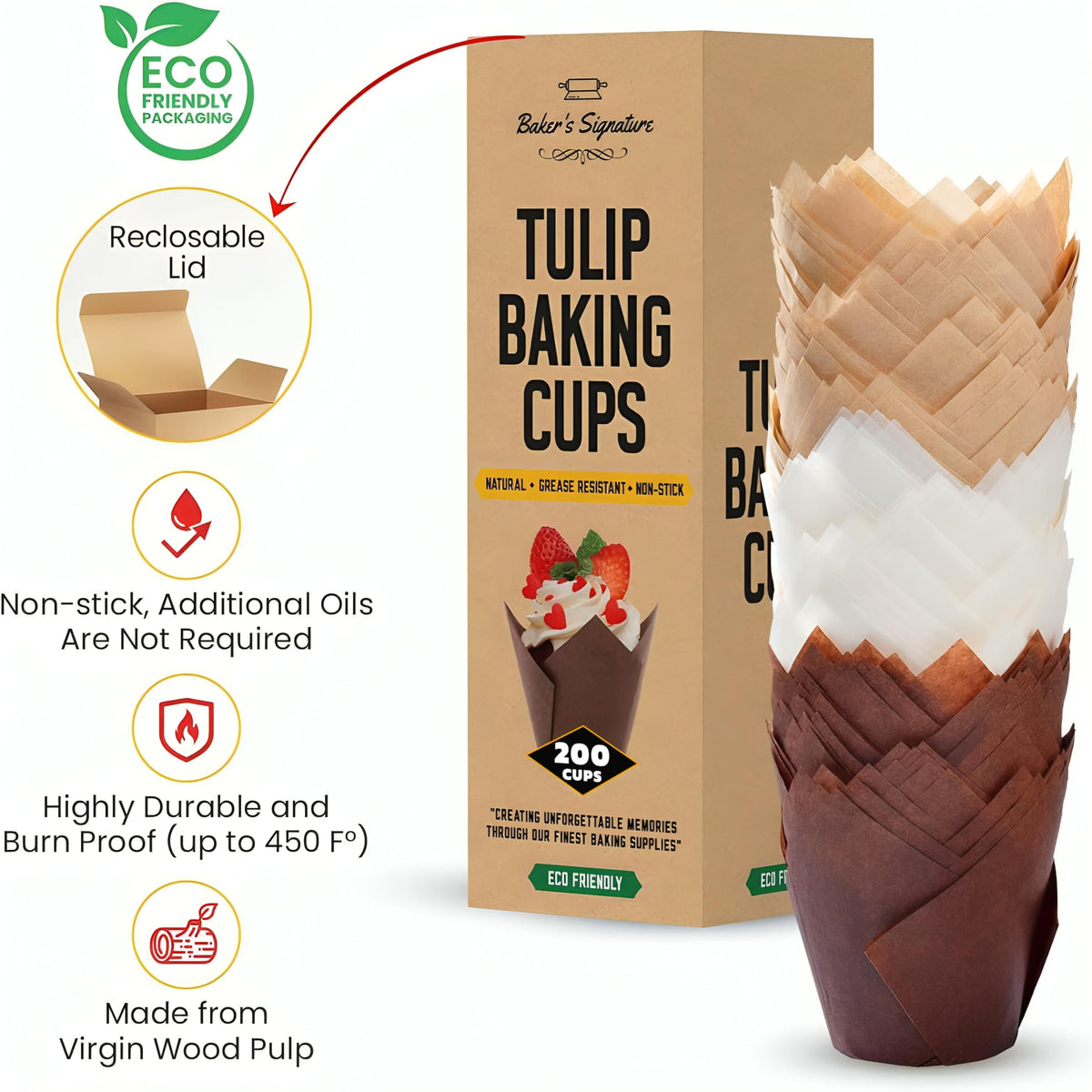 Cups fit standard muffin pans for convenient, uniform presentation