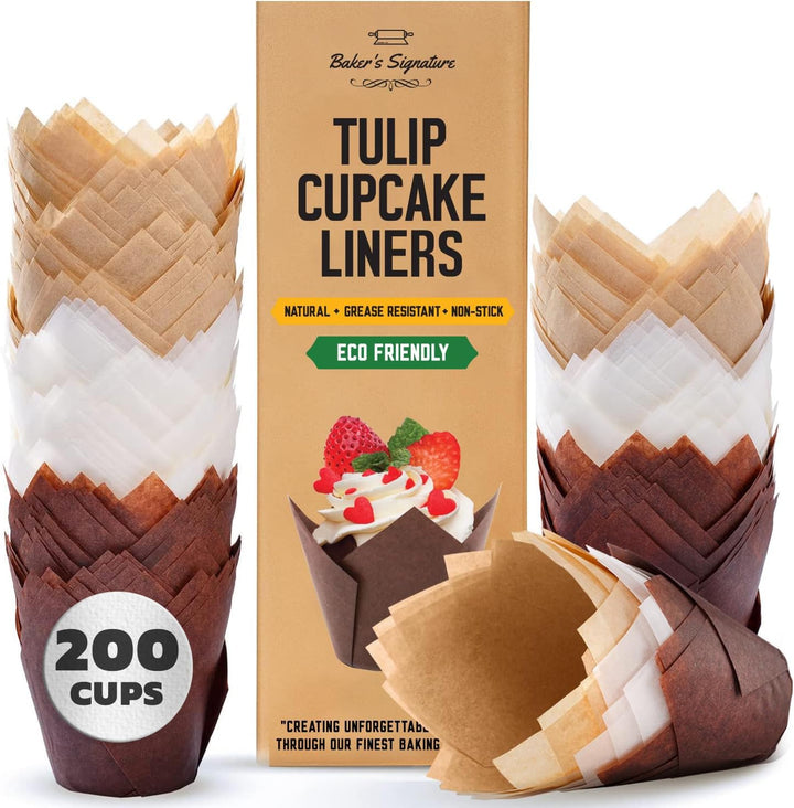 Baker's Signature Tulip liners in beige, white, brown for precut, easy baking