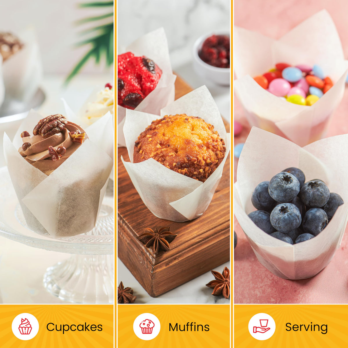 Baker's Signature tulip liners in use illustrate elegant wedding treats with easy removal.