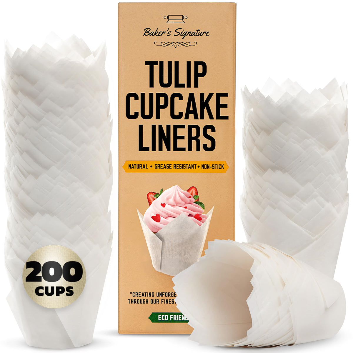 Baker's Signature tulip liners close-up shows sturdy parchment for clean cupcake release.