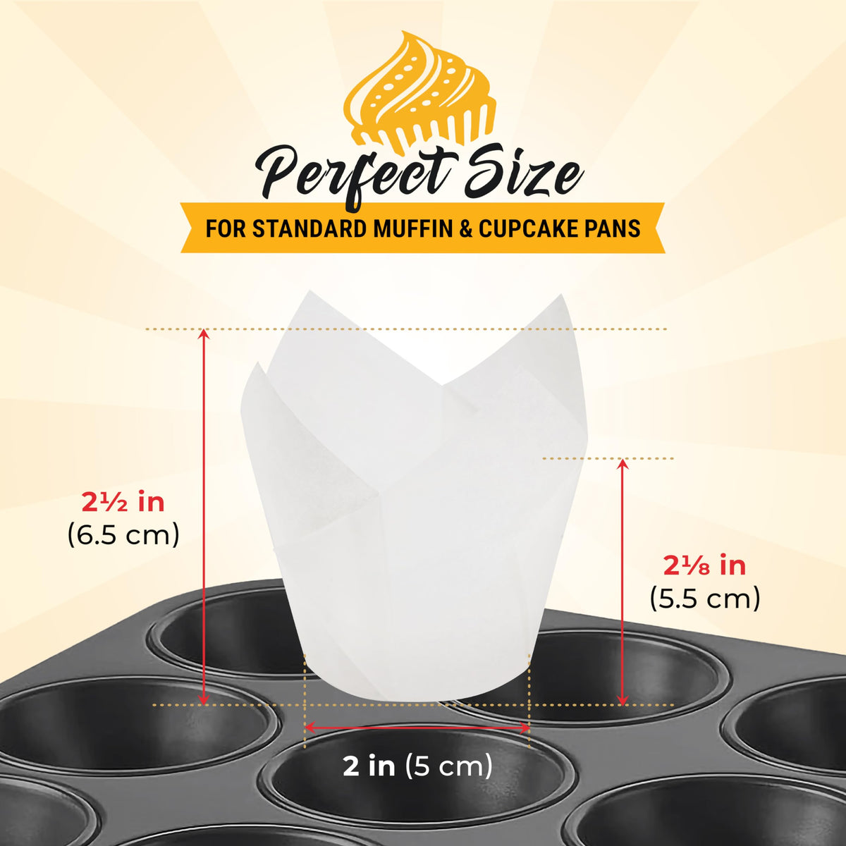 Baker's Signature white tulip liners pack close-up highlighting greaseproof, mess-free baking.