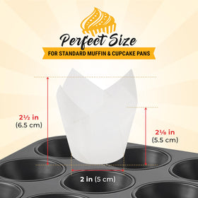 Baker's Signature white tulip liners pack close-up highlighting greaseproof, mess-free baking.