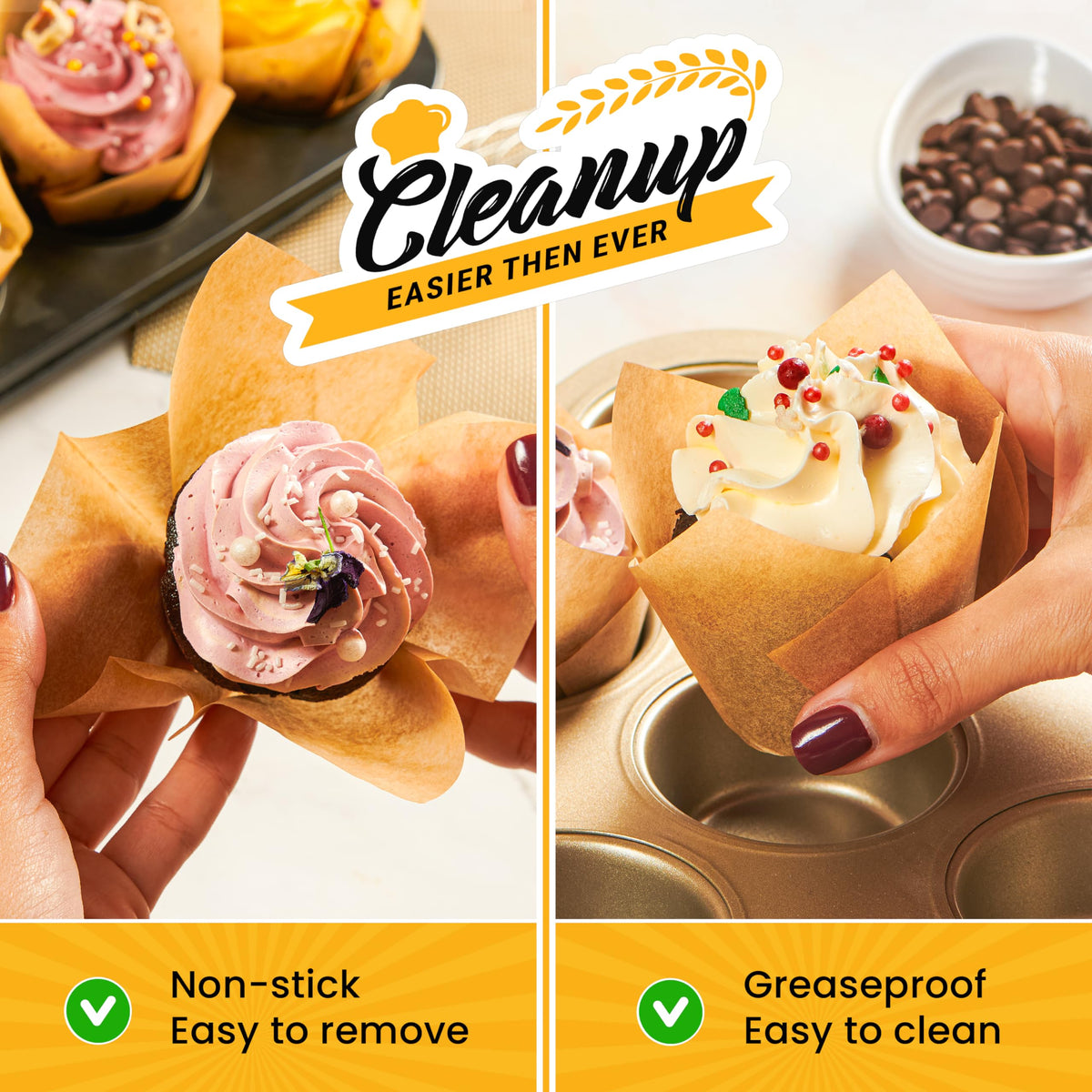 Baker's Signature tulip liners greaseproof design for clean cupcake release