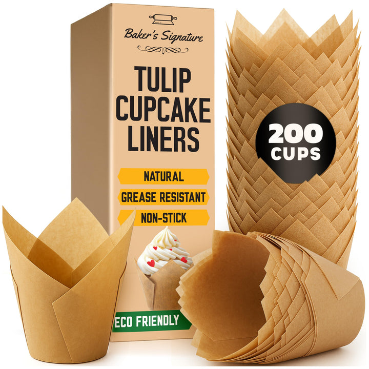 Baker's Signature tulip liners natural brown for elegant cupcakes and easy release