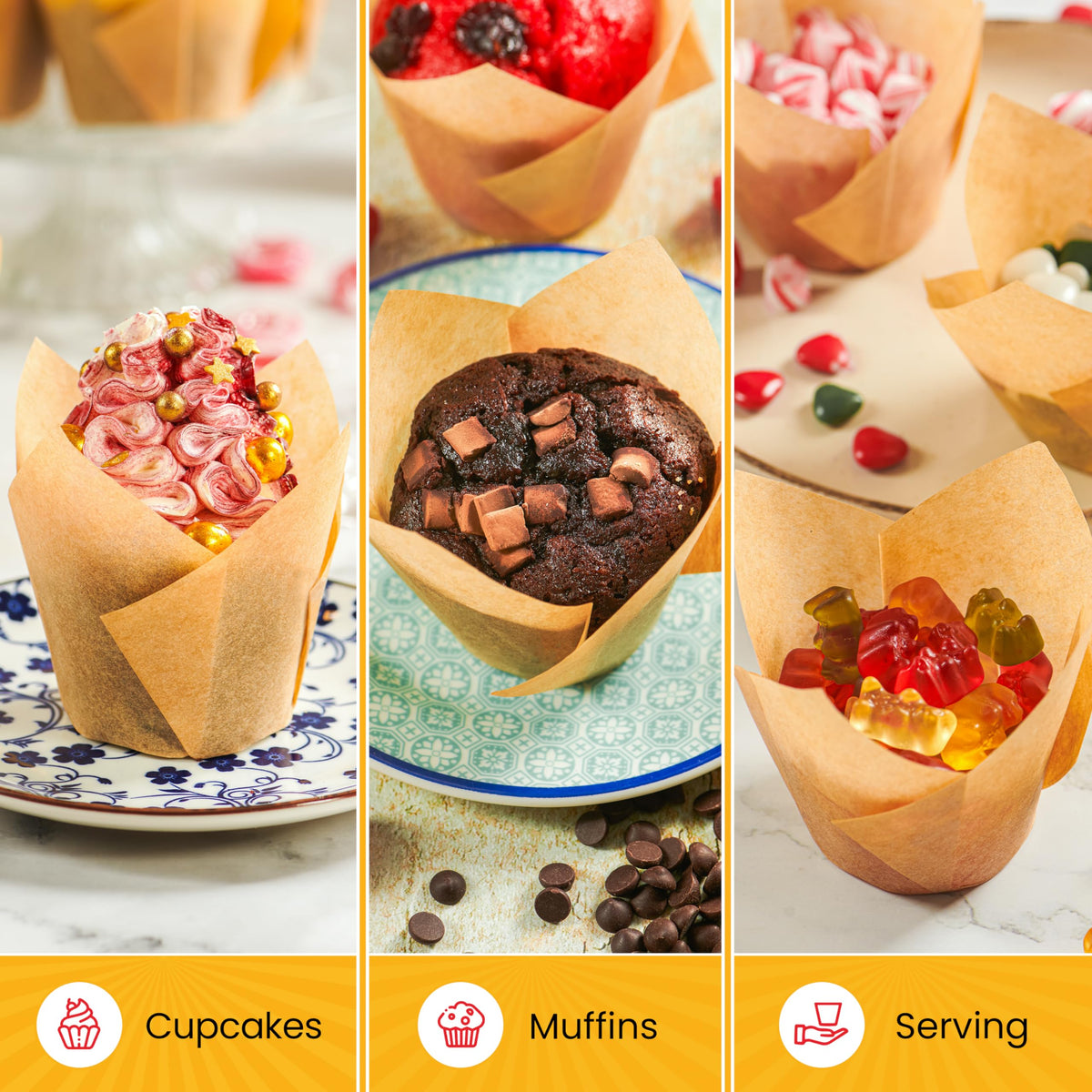 Baker's Signature tulip liners great for gifting cupcakes with refined look
