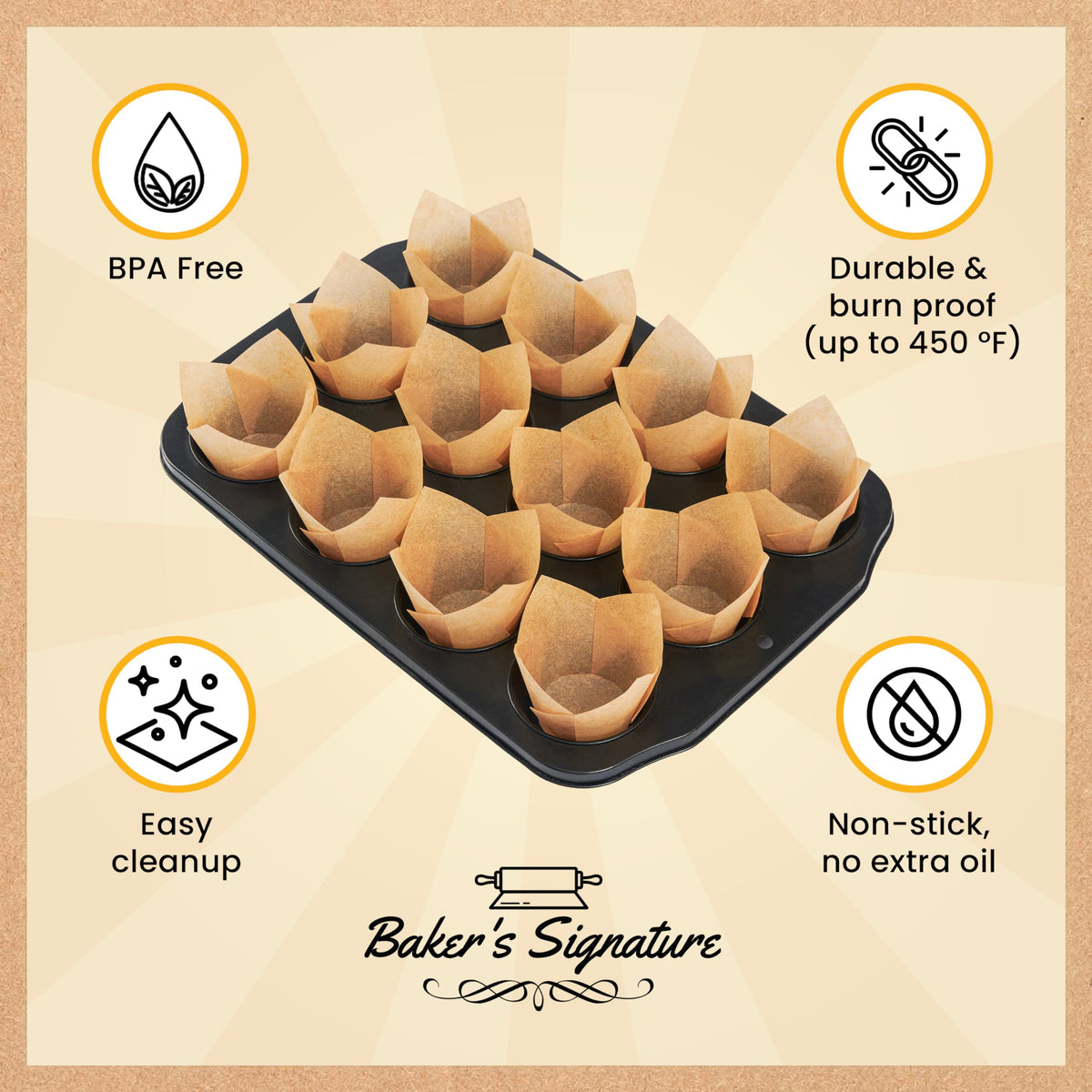 Baker's Signature tulip liners ideal for weddings and events with natural finish