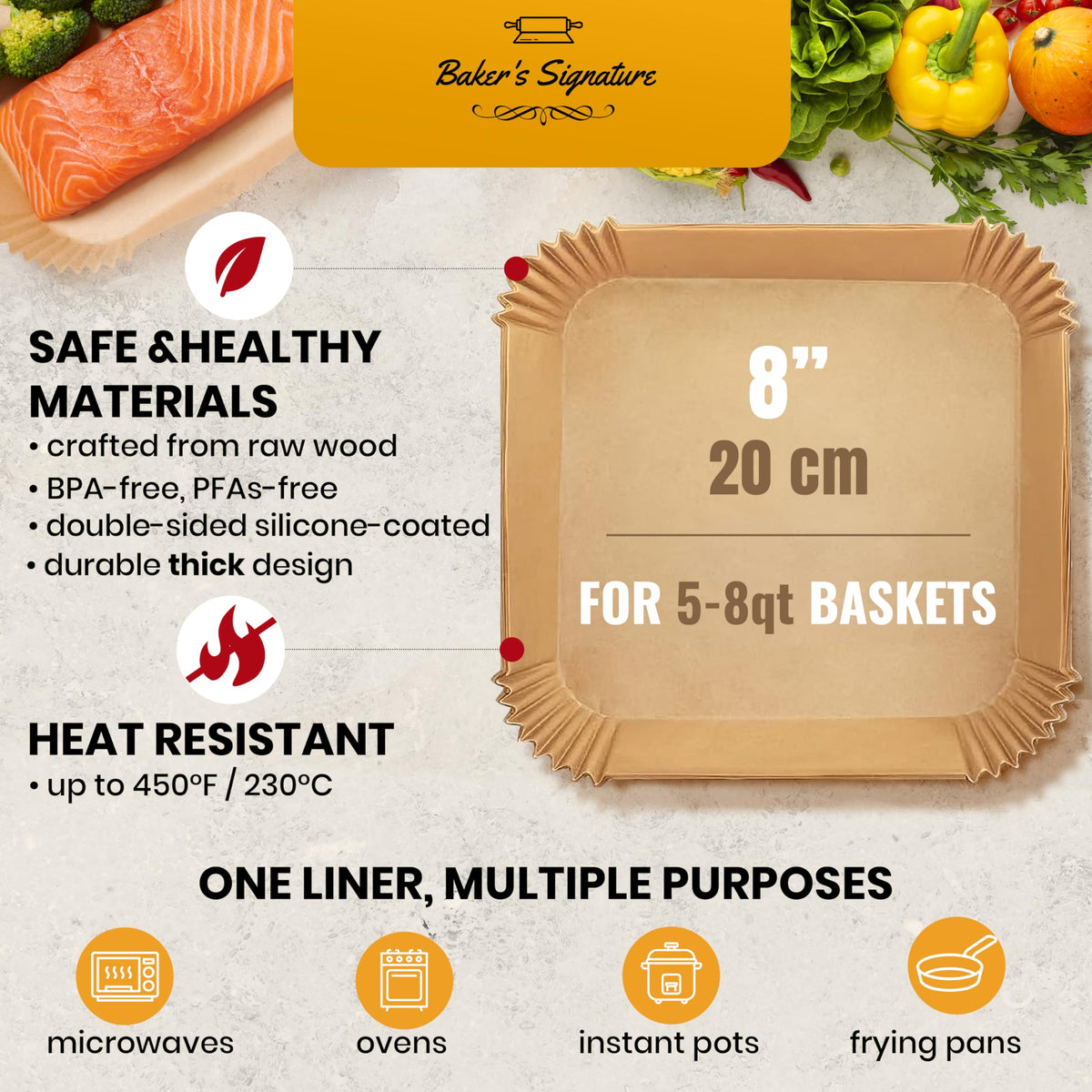 Baker's Signature unbleached parchment liners with silicone coating, heat safe to 450°F.