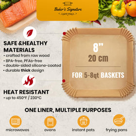 Baker's Signature unbleached parchment liners with silicone coating, heat safe to 450°F.