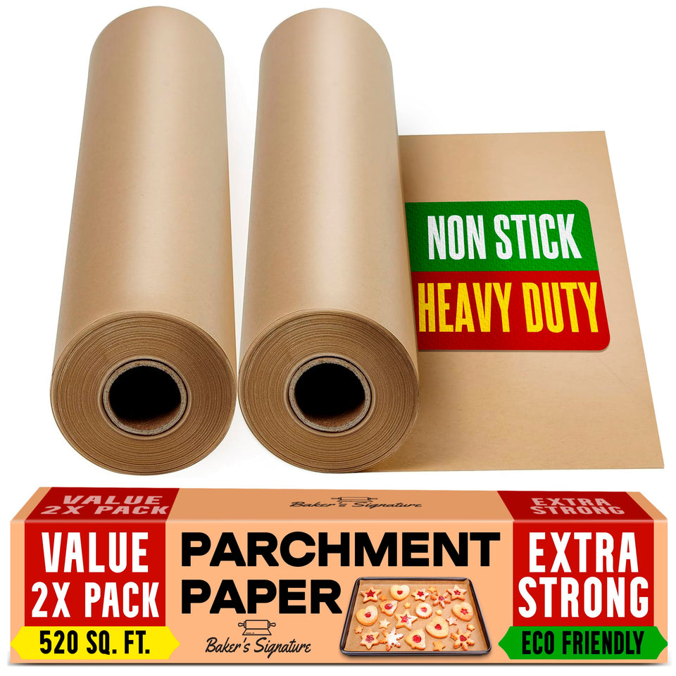 Baker's Signature unbleached parchment roll with cutter for easy non-stick baking and cleanup.