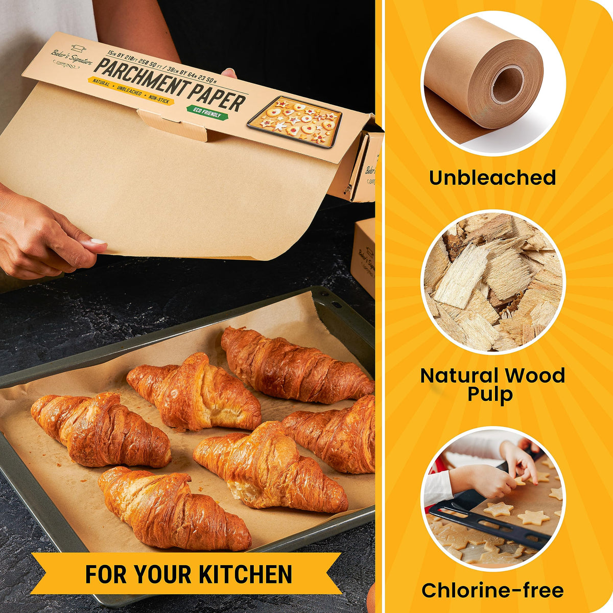 Baker's Signature versatile parchment roll suitable for baking, grilling, steaming, and roasting.