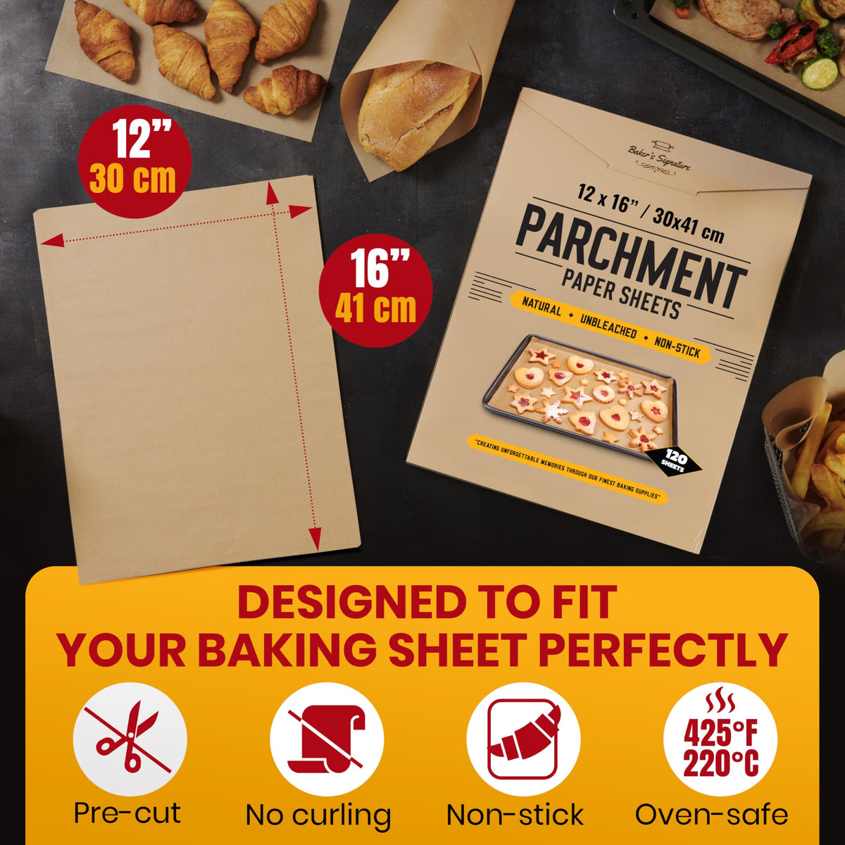 Baker's Signature unbleached wood pulp sheet highlights safe, sturdy baking surface.