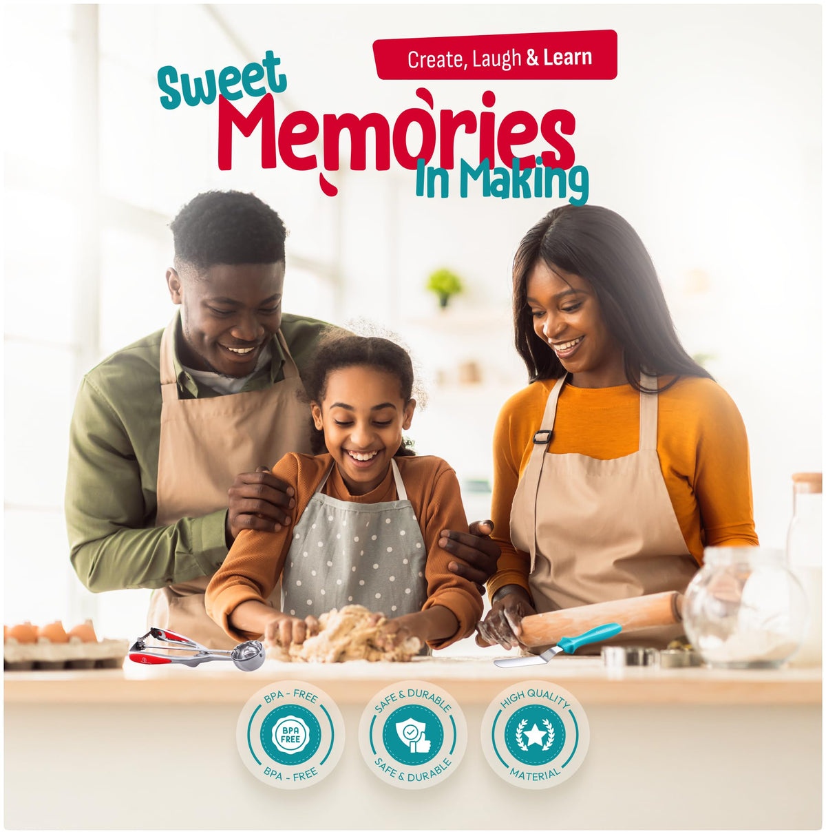 Baketivity durable utensils stand up to daily use and cleanup.