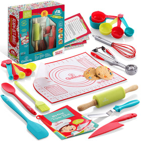 Baketivity 31-piece kids baking set with rolling pin for safe, hands-on cooking.
