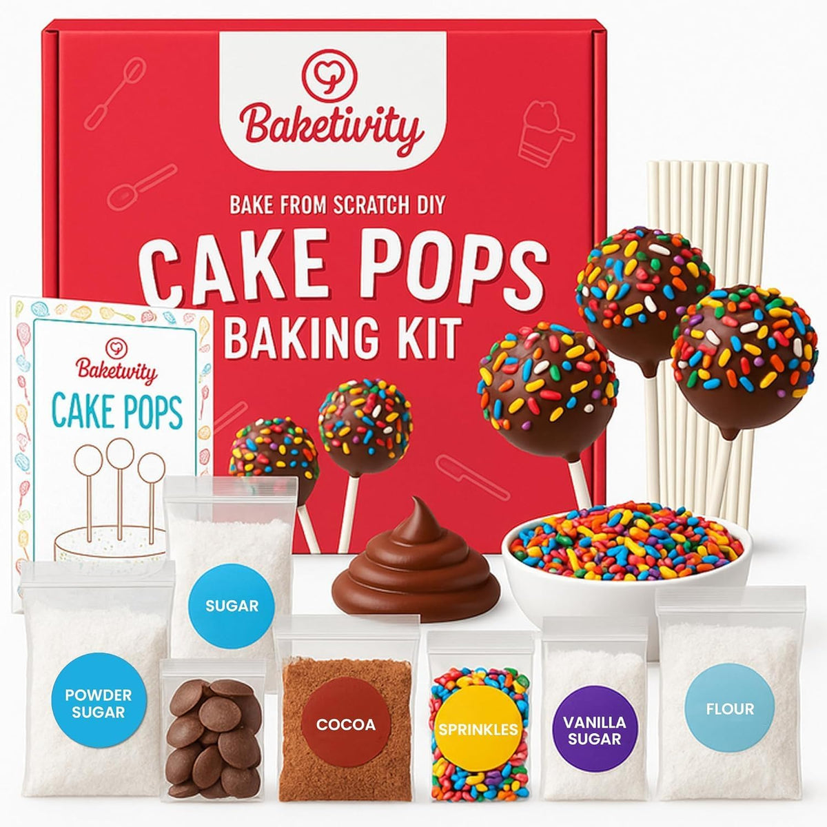 Baketivity DIY cake pop kit box—engaging kids' baking activity and sensory fun.